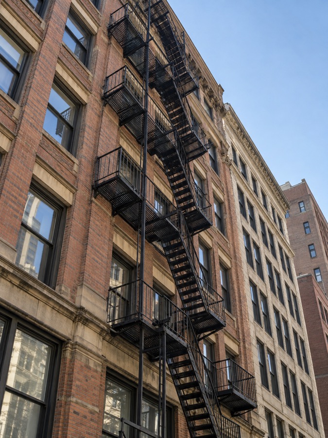 Multistory building with an exterior fire escape