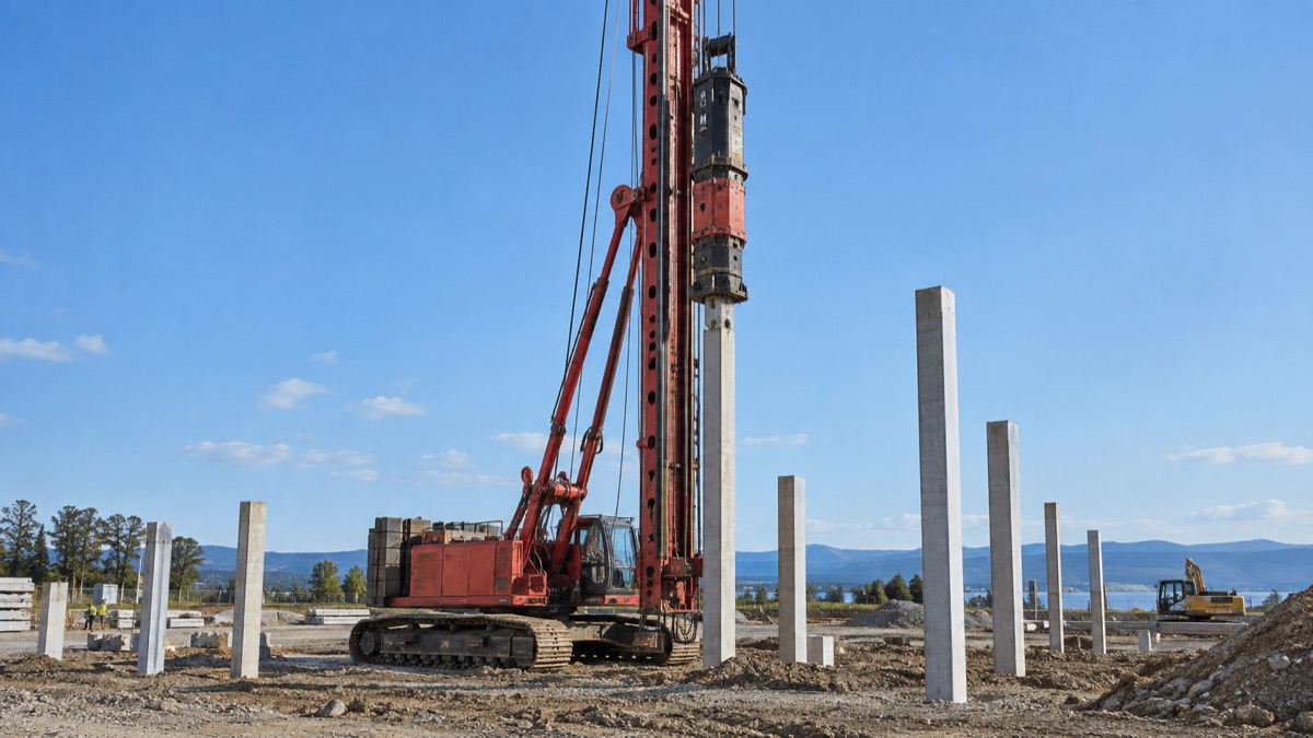 Pile-driving rig installing precast concrete piles for a deep foundation system