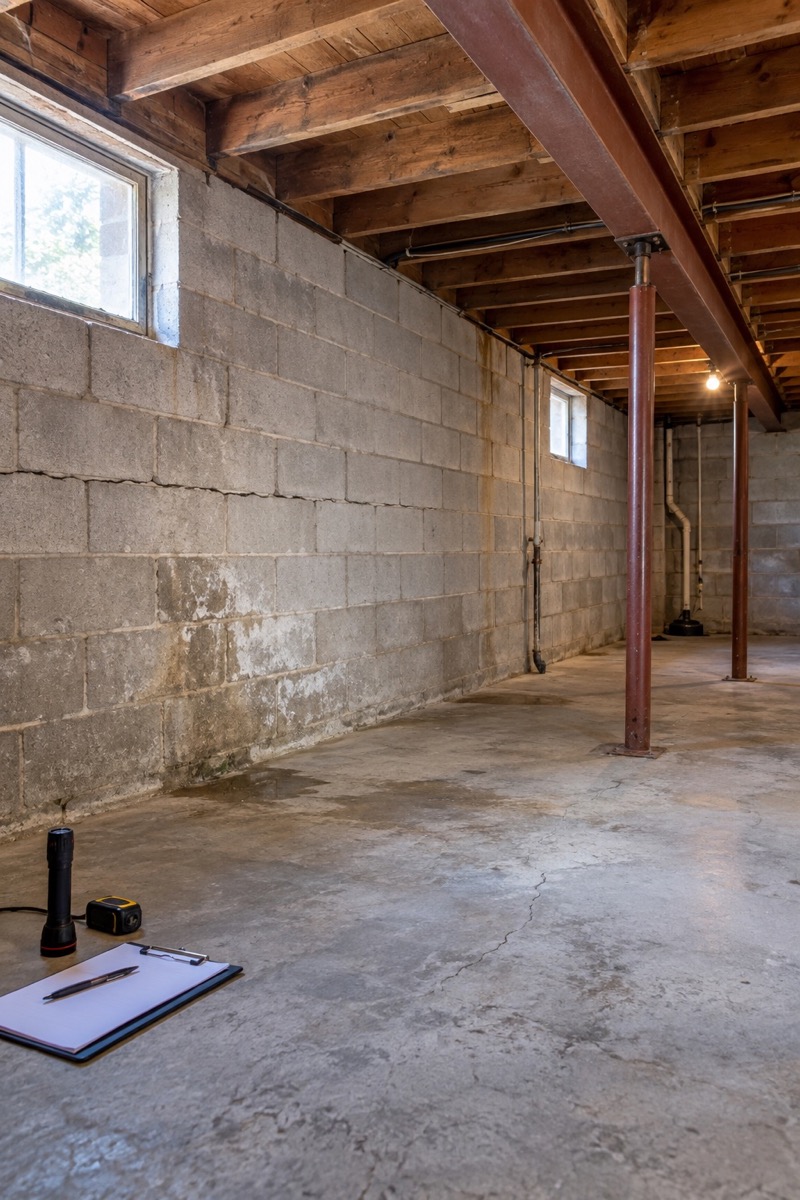 Unfinished basement with concrete block foundation walls, exposed floor framing and steel support columns