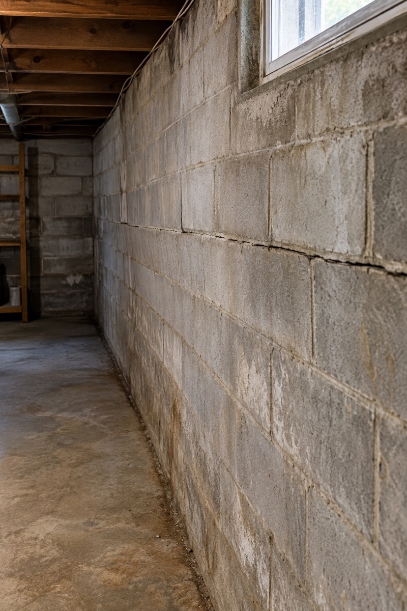 Concrete block basement wall bowing inward with a horizontal mortar-joint crack