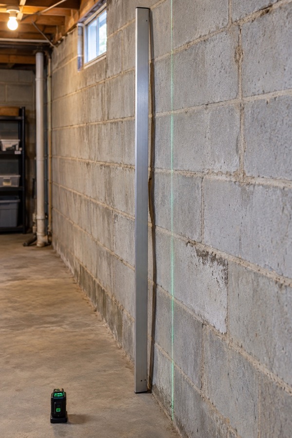 Straightedge and laser reference used to measure inward deflection in a basement wall