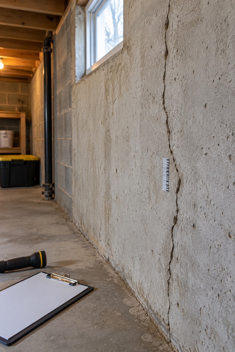 Vertical foundation crack documented with a crack-width gauge during an inspection