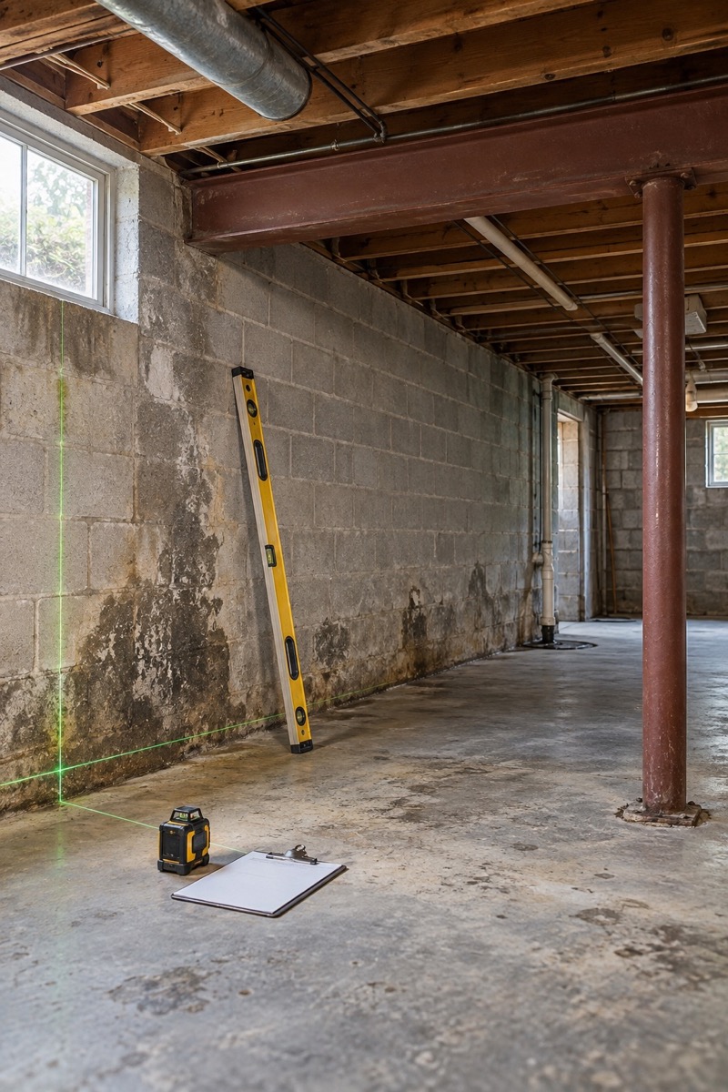 Foundation inspection setup showing basement walls, floor framing, support beam and measuring equipment