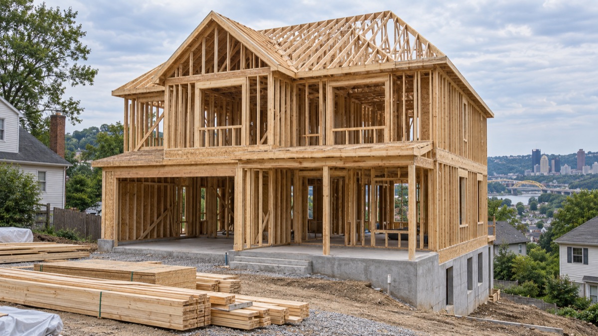 Two-story new home under construction with exposed wood framing