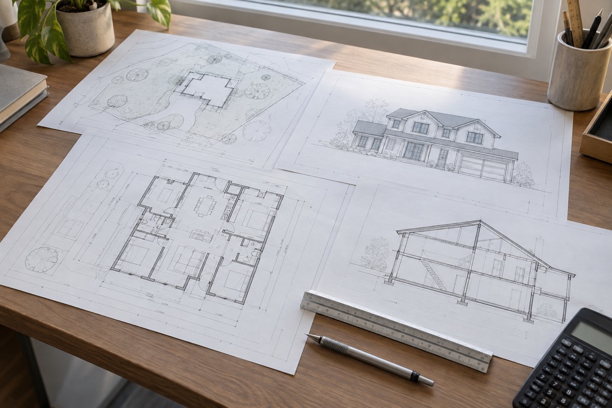 Residential plot plan, floor plan, elevation and building section arranged on a drafting table