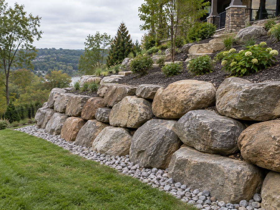 Boulder retaining wall