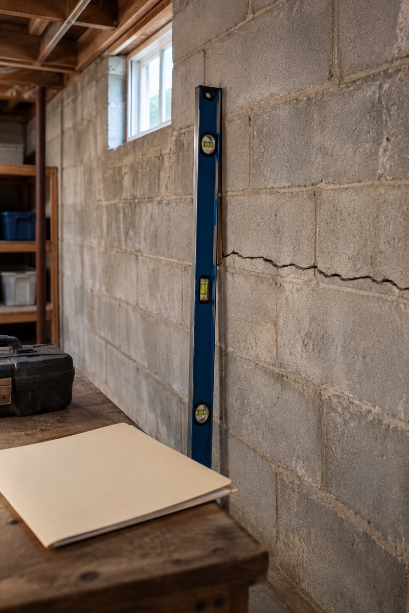 Foundation wall being evaluated with a level beside a horizontal crack