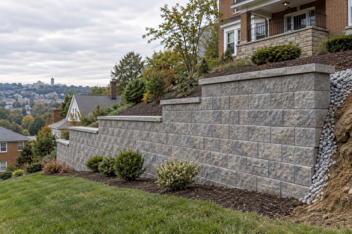Engineered retaining wall on a sloped residential property