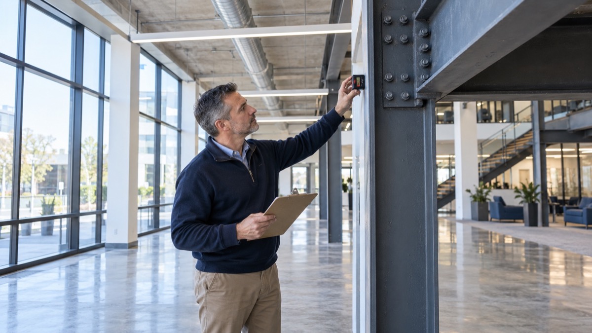Structural engineer inspecting a steel beam-and-column connection inside a commercial building