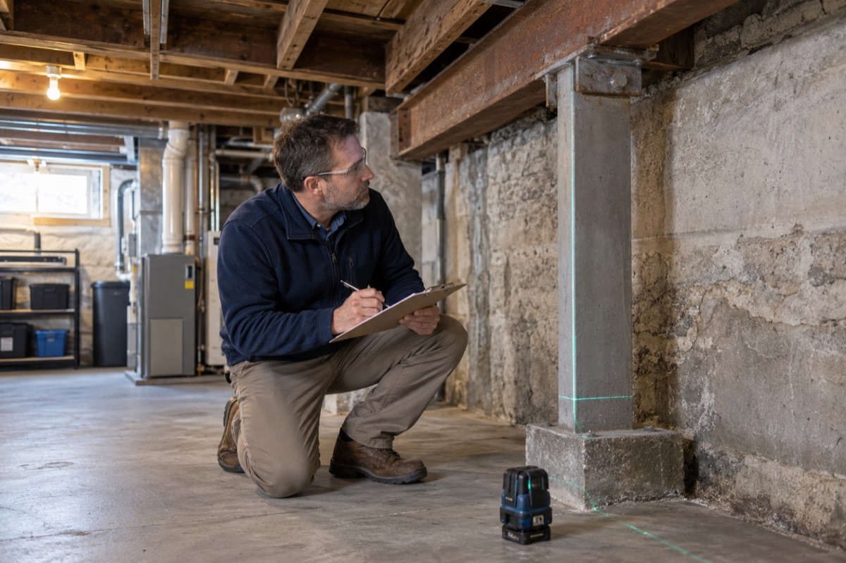 Structural engineer assessing a basement beam, column and foundation wall