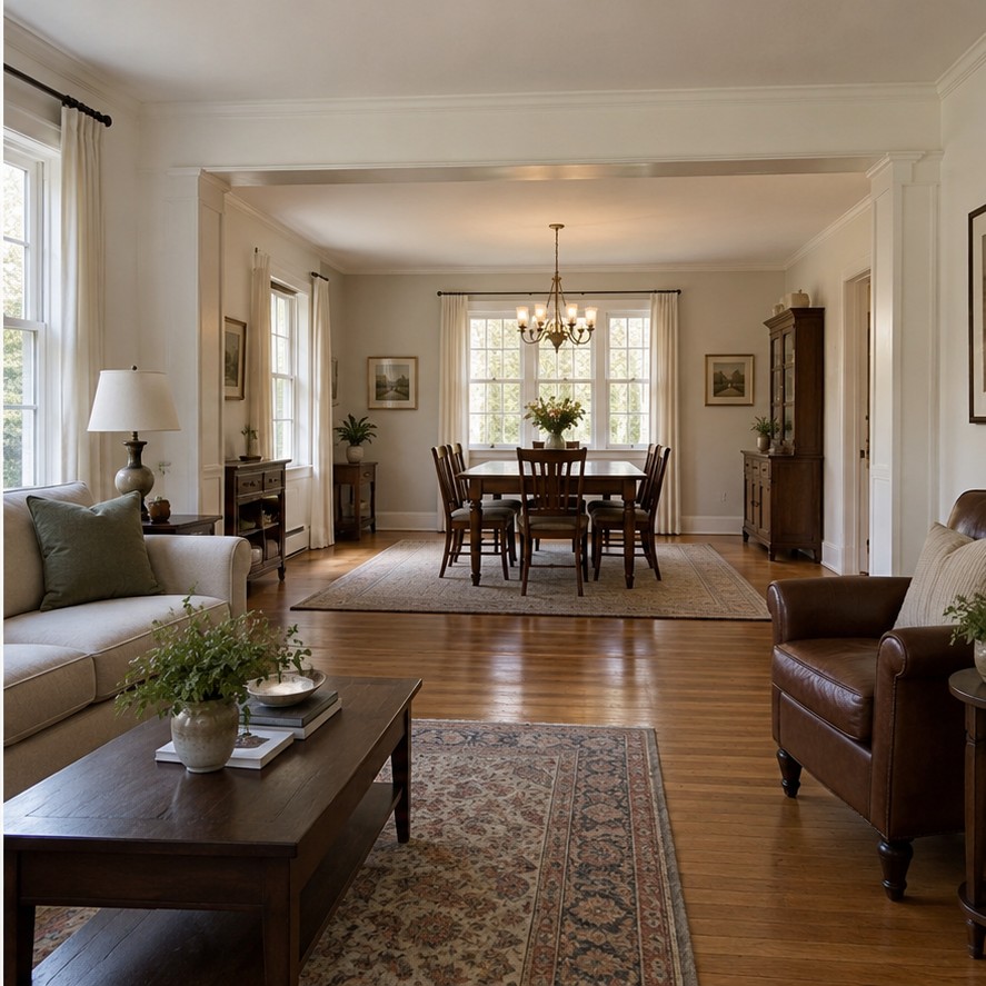 Open-plan living and dining rooms after a professionally designed wall removal