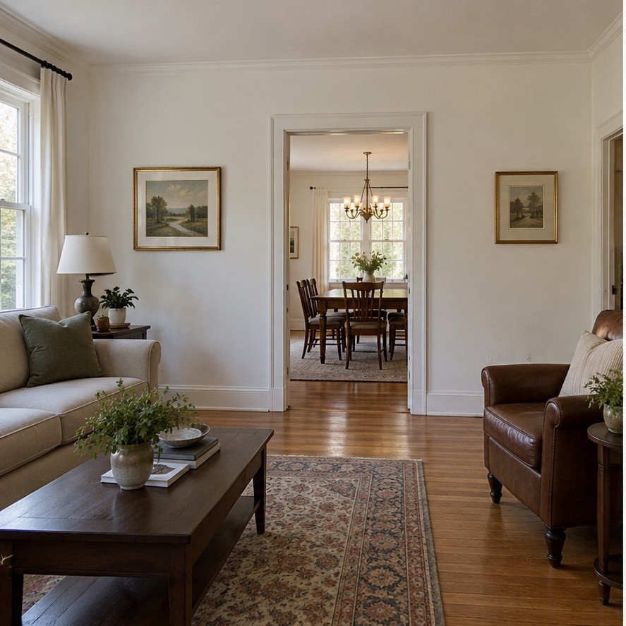 Finished living and dining rooms before the load-bearing wall is removed