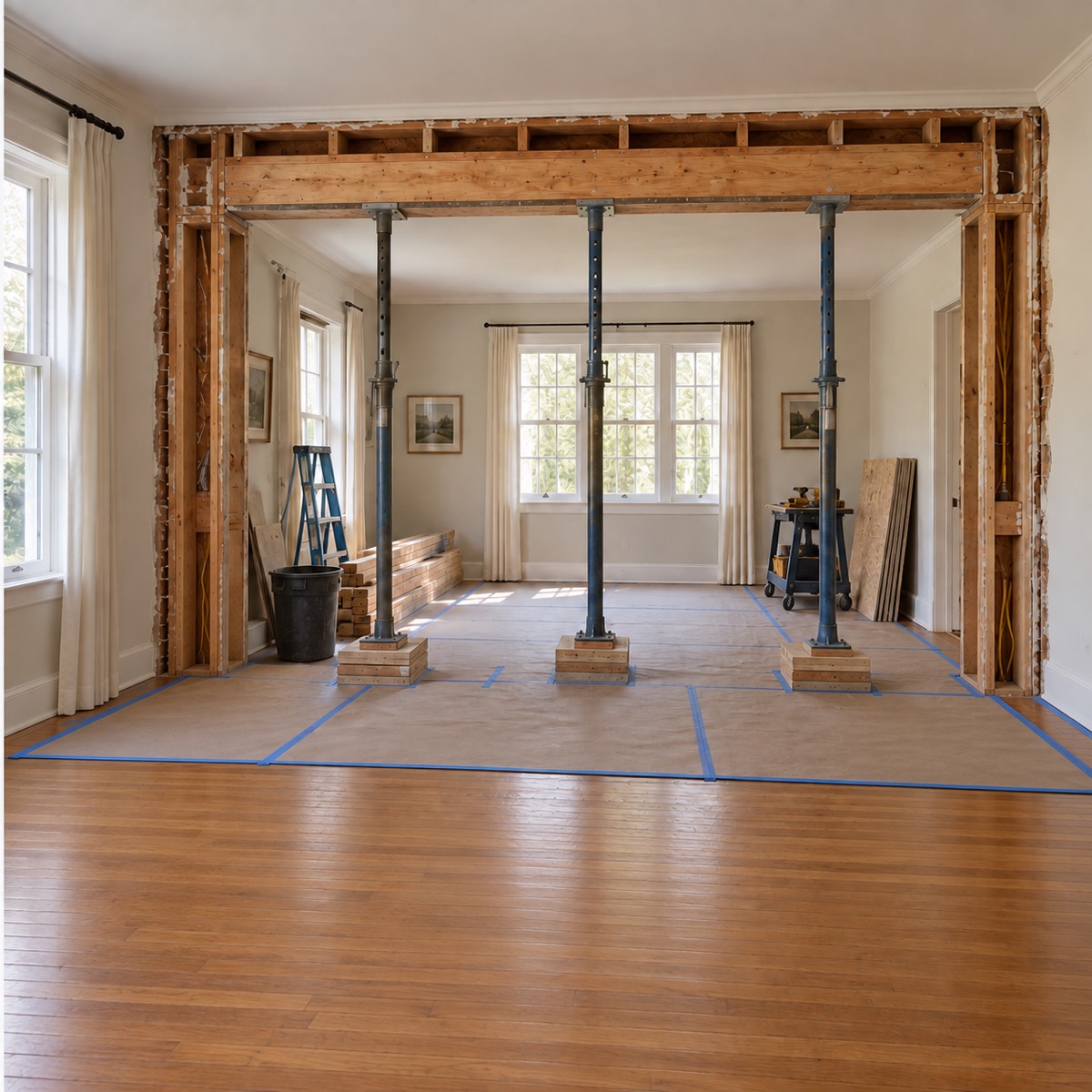 The same living and dining rooms during load-bearing wall removal, with the structural beam and framing exposed
